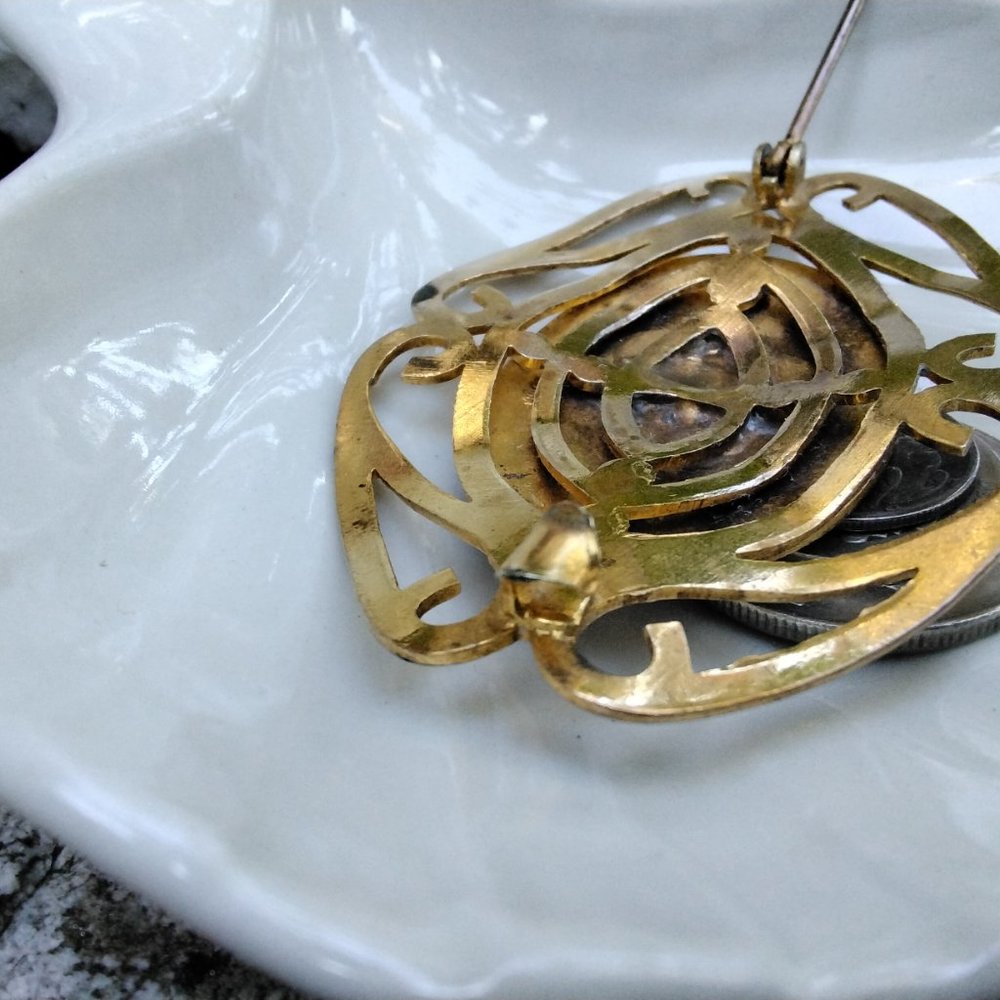 Late Victorian Circa 1890's Enamel and Brass Sash Brooch - Picture 6 of 7